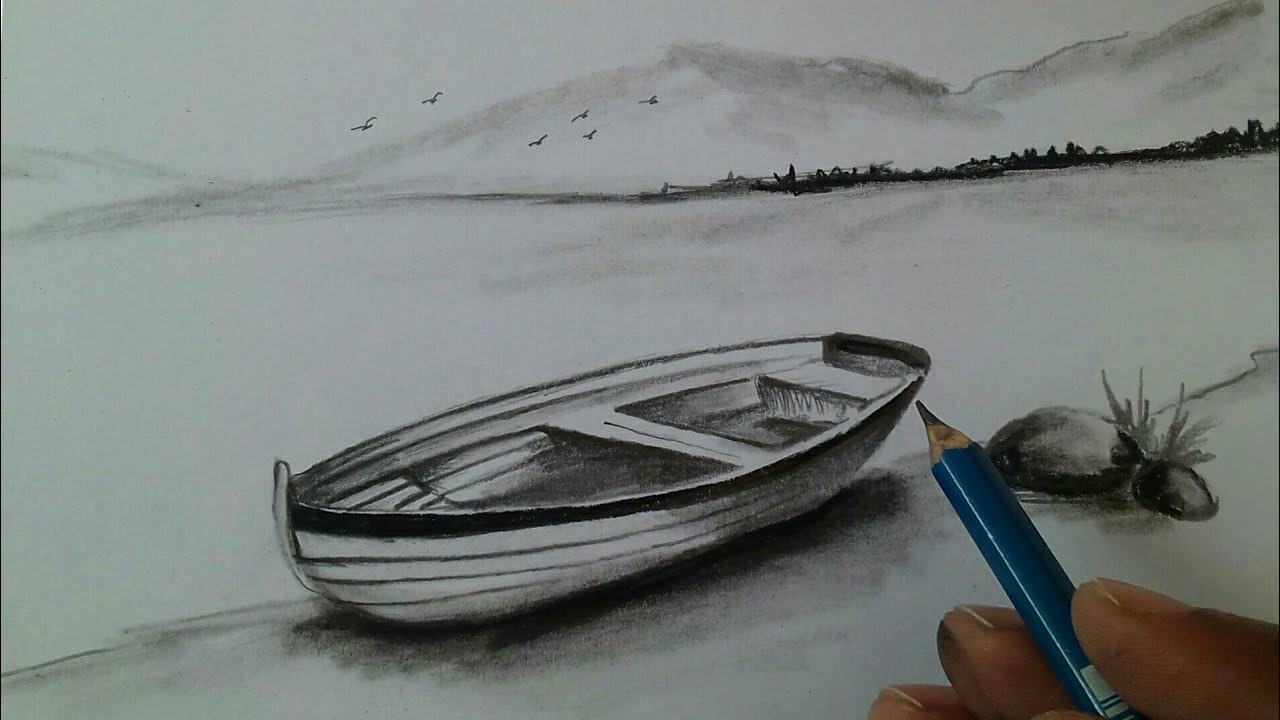 How to draw beautiful scenery drawing Boat and river / Nature scenery drawing