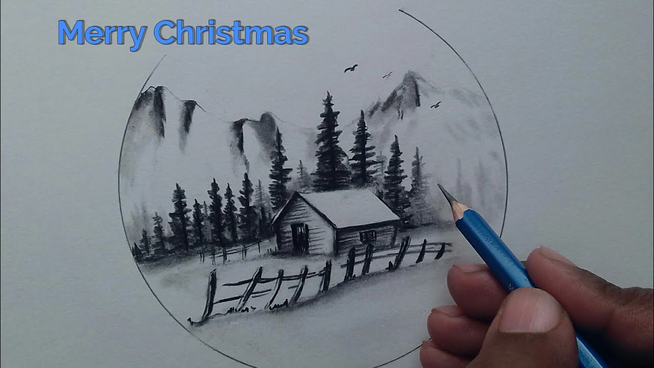 How to draw christmas day scenery drawing step by step / simple and beautiful pencil drawing