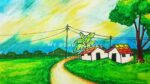 How to draw easy indian village scenery drawing with oil pastel / Evening scenery drawing