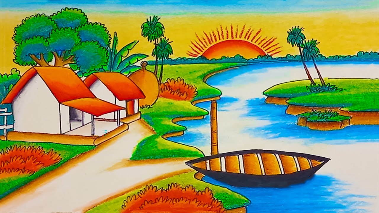 How to draw easy scenery drawing riverside landscape village scenery drawing step by step