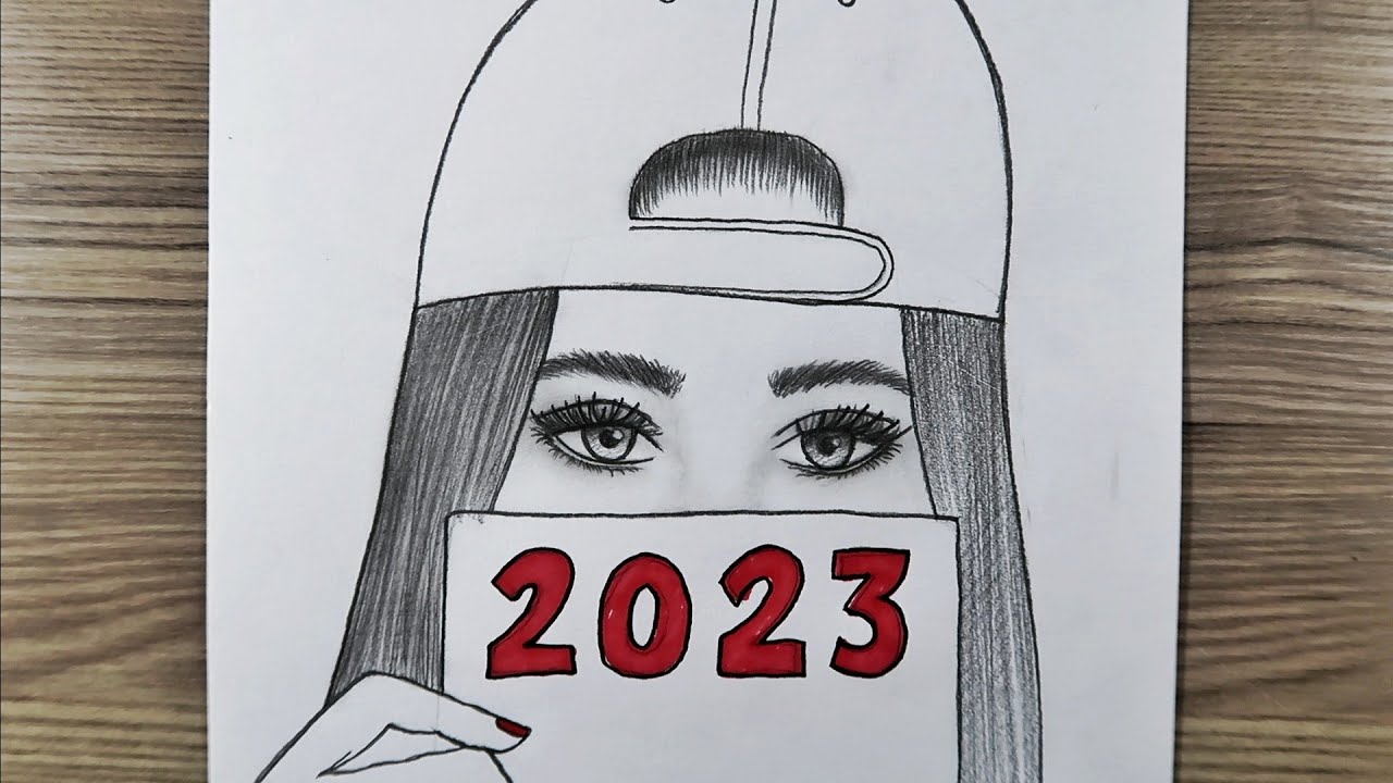 Karakalem Kolay Adım Adım Şapkalı Kız Çizimi 2023 , Basit ve Kolay Yeni Yıl Çizimleri Bir Kız Çizimi