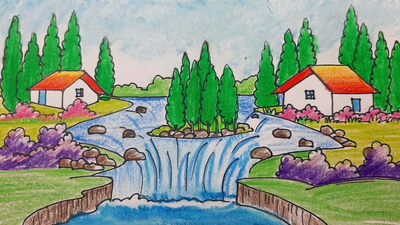 Oil pastel scenery drawing of a beautiful riverside village / Oil pastel drawing for beginners