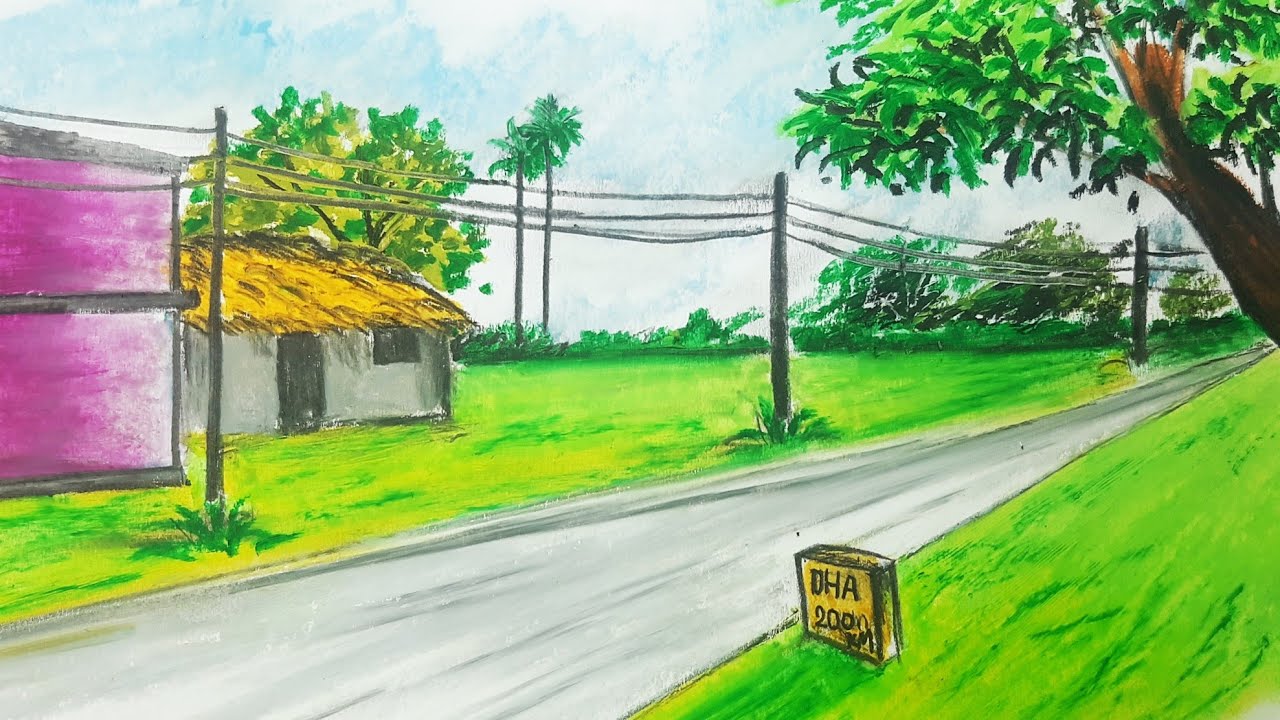 Roadside village scenery drawing with oil pastel