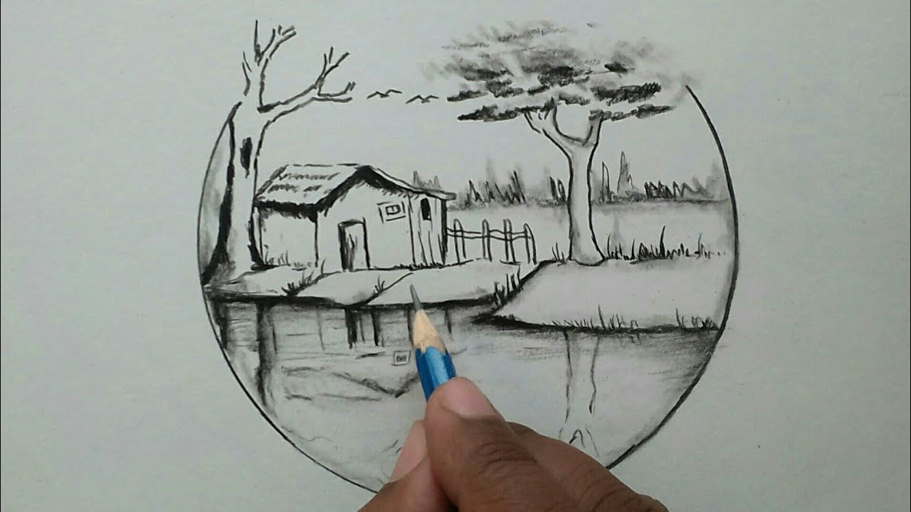 Village scenery drawing for beginners / nature scenery drawing easy