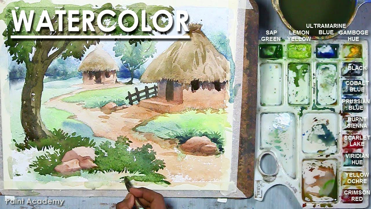 Watercolor Art : Watercolor Painting of A Village Scenery