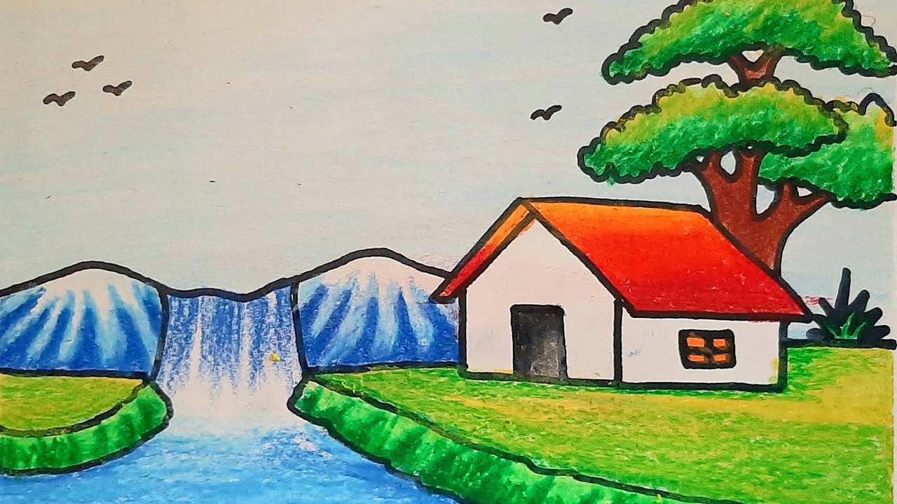 how to draw village scenery step by step with drawing beautiful nature landscape