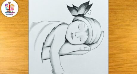 pencil drawing of sleeping Baby with Butterfly/mother's day drawing
