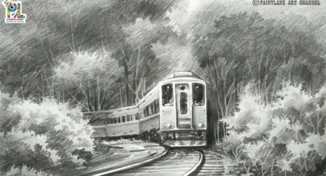 Tren en el hermoso bosque con dibujo a lápiz y sombreado || Arte a lápiz