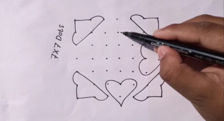 Dibujo de flores Rangoli fácil | Cómo dibujar flores con 7×7 puntos fácil