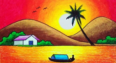 Comment dessiner un beau coucher de soleil dans le paysage du lac | Dessin au pastel à l’huile