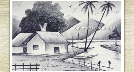 How to Draw a simple Landscape, Village Mountain Nature Drawing