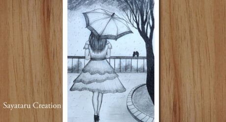 How to draw a girl with umbrella in rain step by step, Pencil drawing for beginners