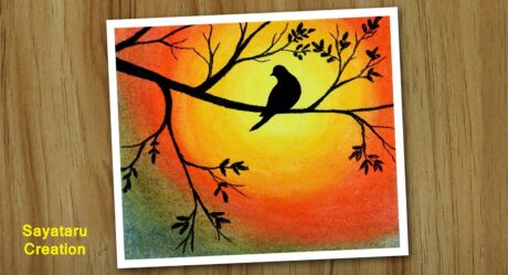 How to draw an alone Bird, Easy Oil Pastel Drawing for Beginners, Sunset Drawing