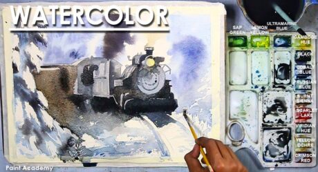 Pintura a la acuarela: El tren en la nieve