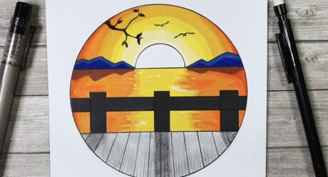 Sonnenuntergan Landschaft in einem Zirkel – #zeichnenundfärben