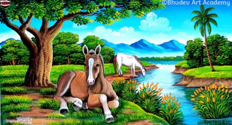 Cómo Dibujar Caballos Con Paisajes Naturales|Pintura De Caballos Con Earthcolor|Pintura De Paisajes De Animales Salvajes