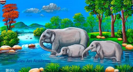 Cómo Dibujar Elefante Con Paisaje De Bosque|Pintura De Elefante Con Acuarela De Tierra|Pintura De Animales Salvajes