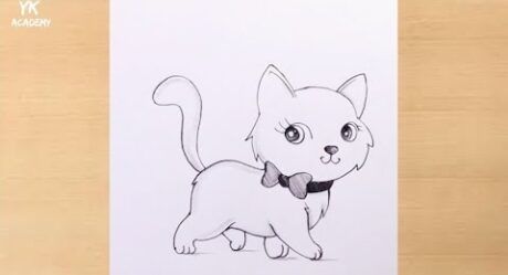 Caminando Lindo gatito blanco dibujo a lápiz/gato Dibujo@Taposhikidsacademy