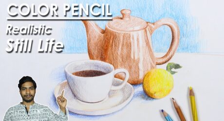 Dessin de nature morte réaliste au crayon de couleur – tasse, bouilloire, fruit | Apprenez à ombrager | Supriyo