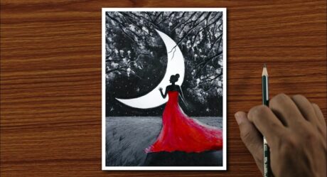 Pintura de paisaje de niña a la luz de la luna con pastel al óleo y acrílico / Dibujo especial Eid paso a paso